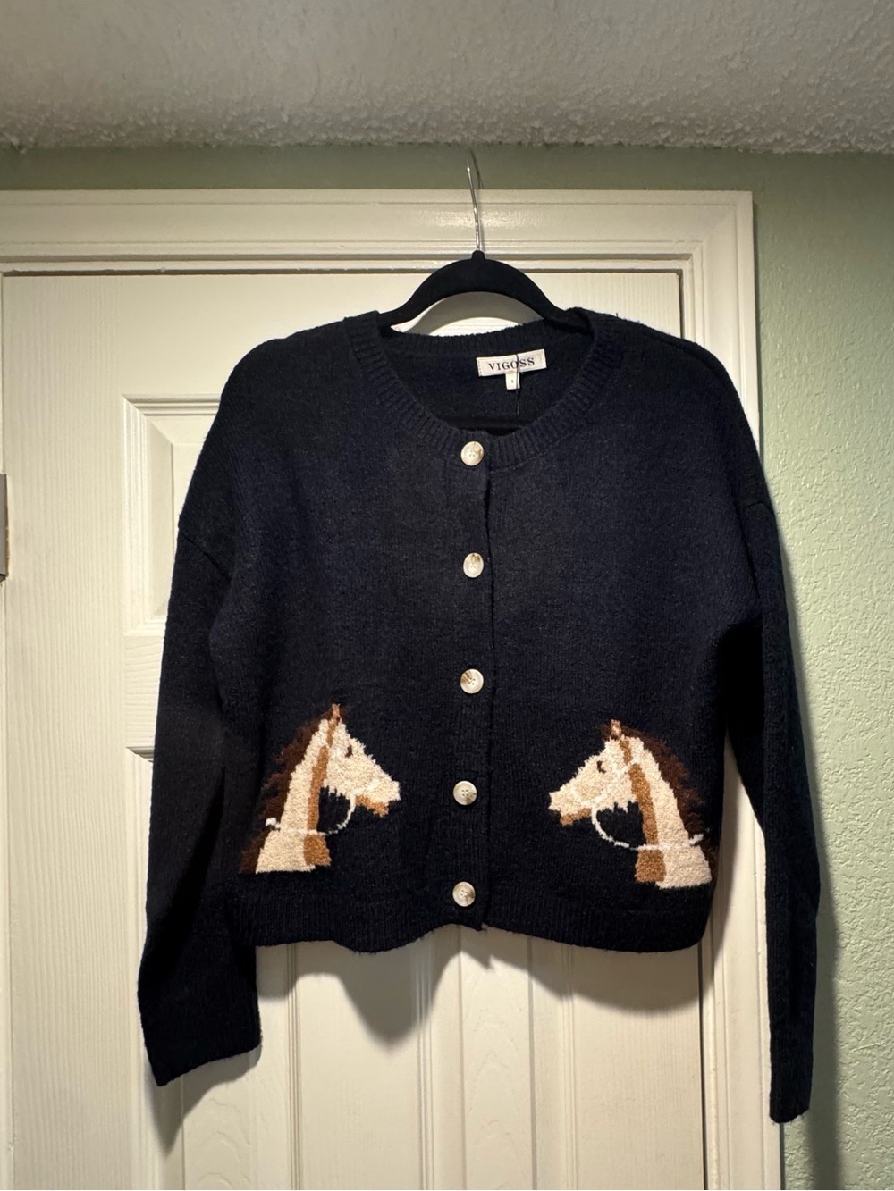 Vigoss Navy Button Front Cardigan with Horse Intarsia